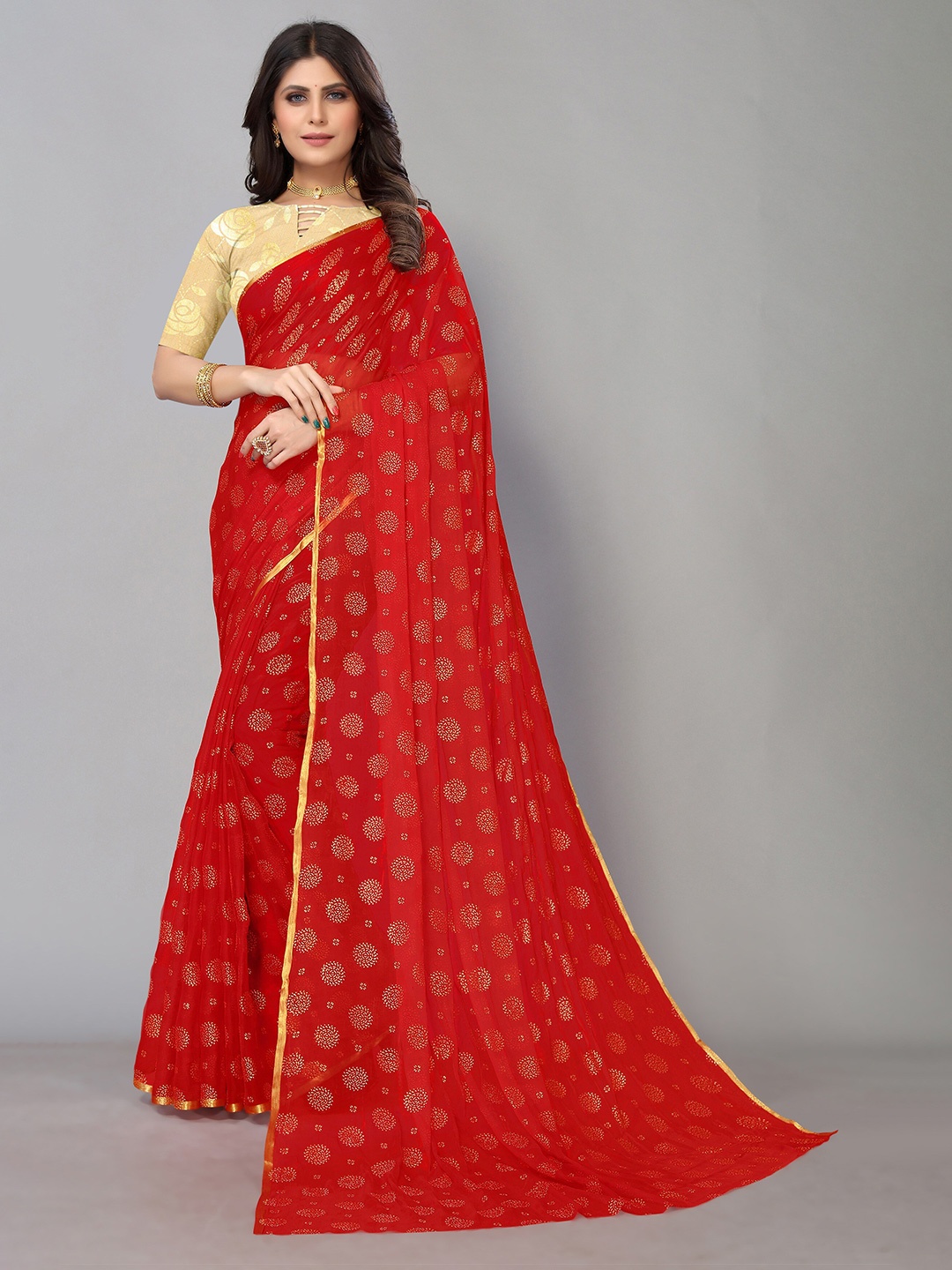 

KALINI Floral Pure Chiffon Saree With Blouse Piece, Maroon