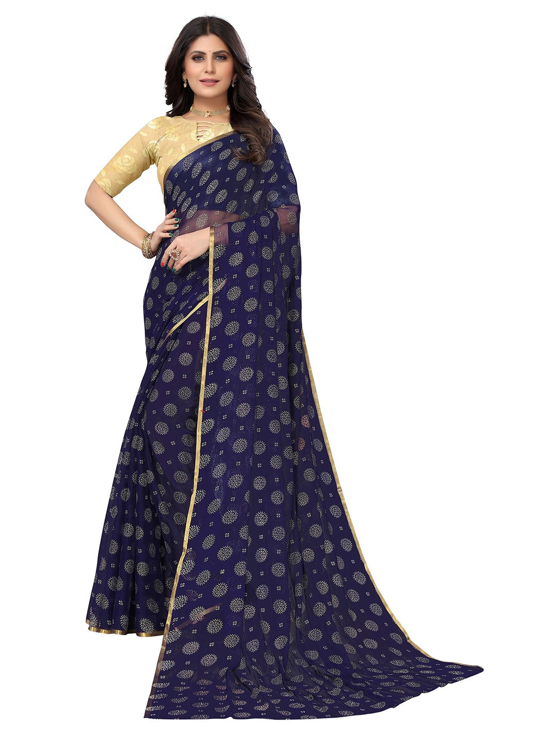 

Nimayaa Floral Pure Chiffon Saree, Navy blue