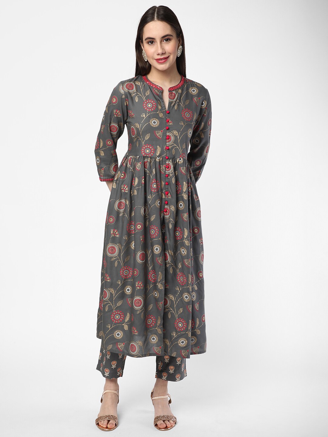 

R&B Women Grey Floral Printed Empire Kurta with Trousers