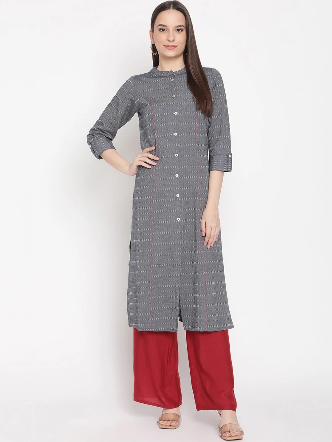 

Be Indi Women Collared Striped A-Line Multiple Slits Regular Kurta, Grey