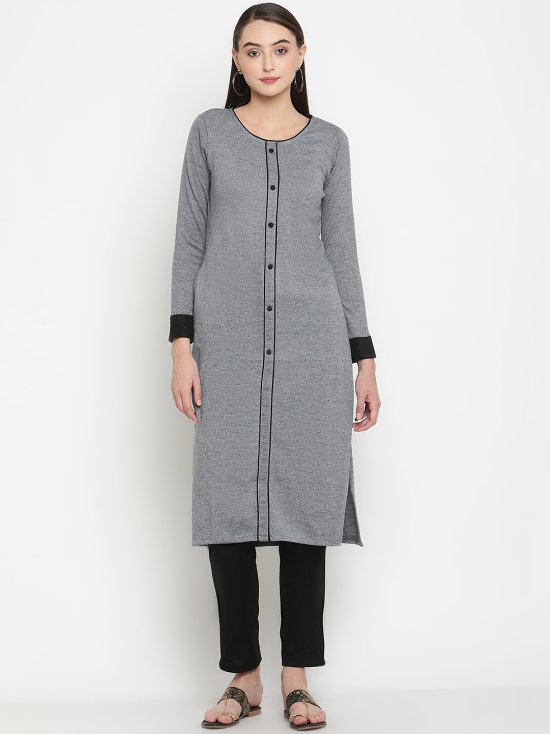 

Be Indi Women Round Neck Solid Straight Side Slits Regular Kurta, Grey