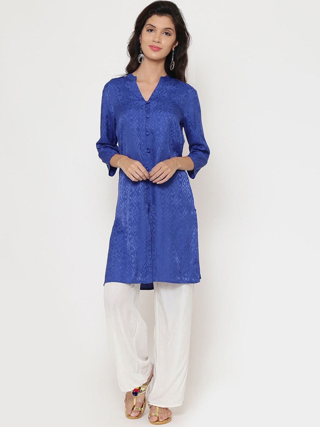 

Be Indi Band Collar Ethnic Motifs Printed Cotton Kurta, Blue