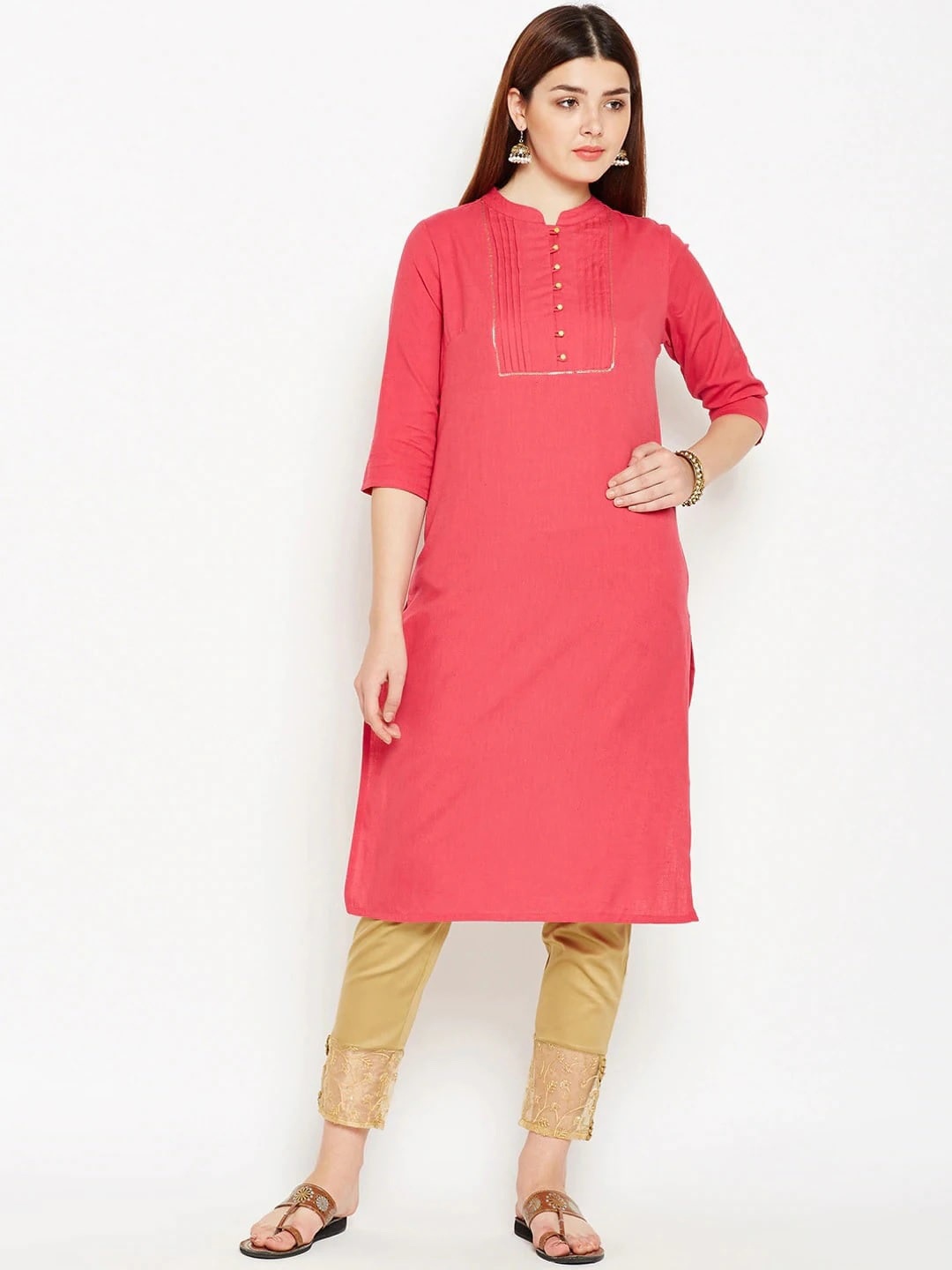 

Be Indi Mandarin Collar Three-Quarter Sleeves Cotton Kurta, Fuchsia