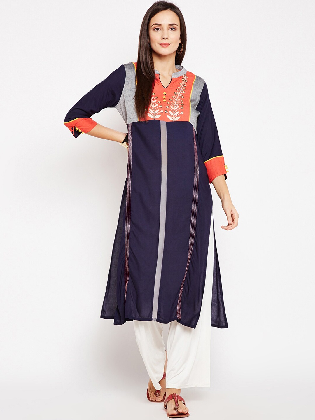 

Be Indi Colourblocked Mandarin Collar Pleated Kurta, Navy blue