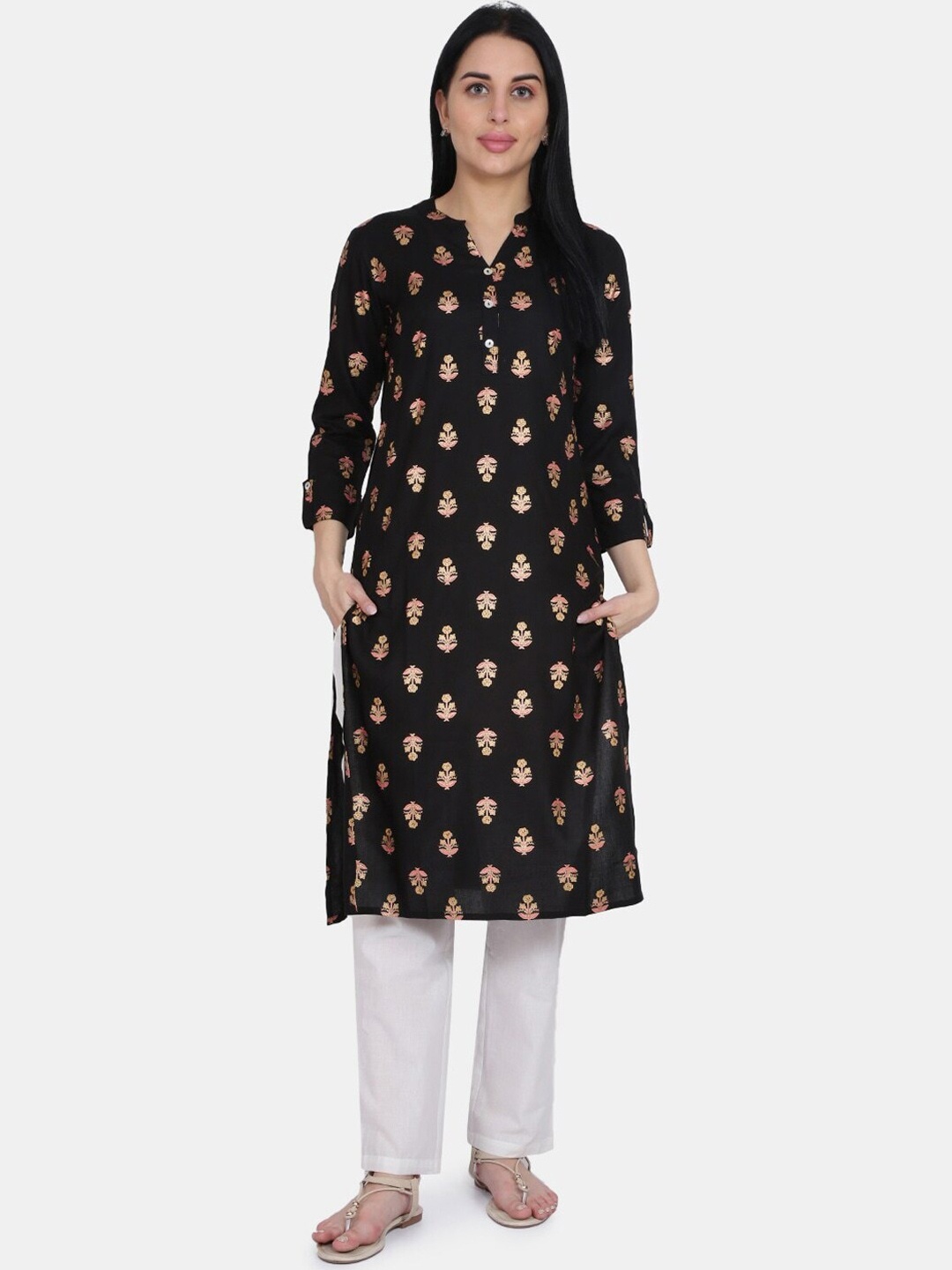 

Be Indi Floral Printed Mandarin Collar Straight Regular Kurta, Black