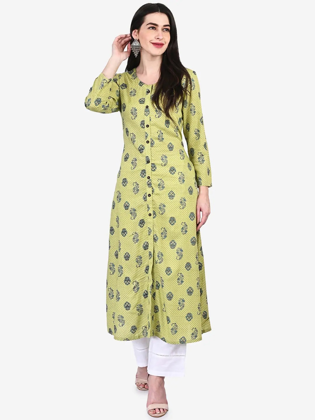 

Be Indi Women Round Neck Floral A-Line Multiple Slits Regular Kurta, Green