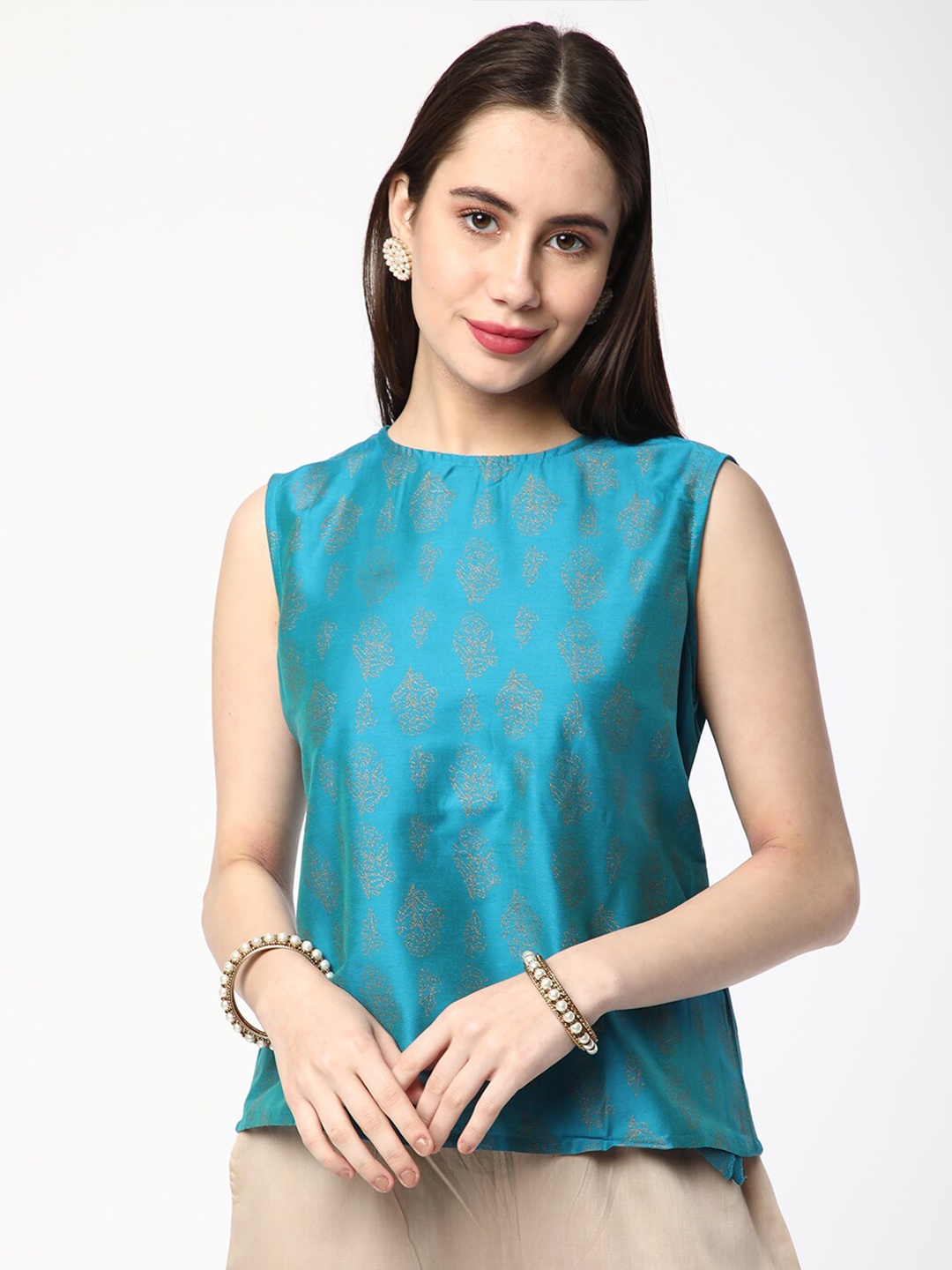 

R&B Round Neck Styled Back Top, Blue