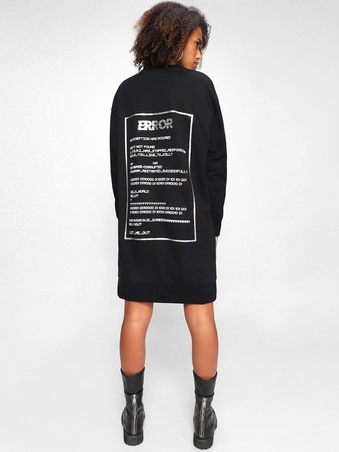 

Bewakoof Plus Cotton Printed T-shirt Oversized Dress, Black