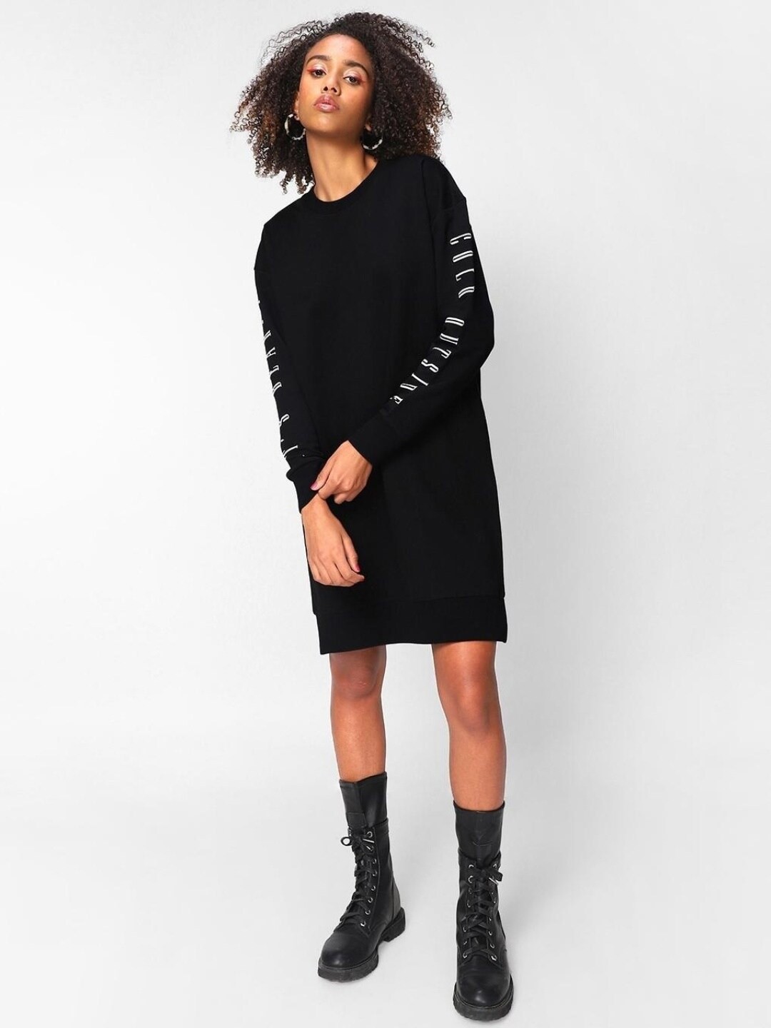 

Bewakoof Plus Cotton Printed A-Line Oversized Dress, Black