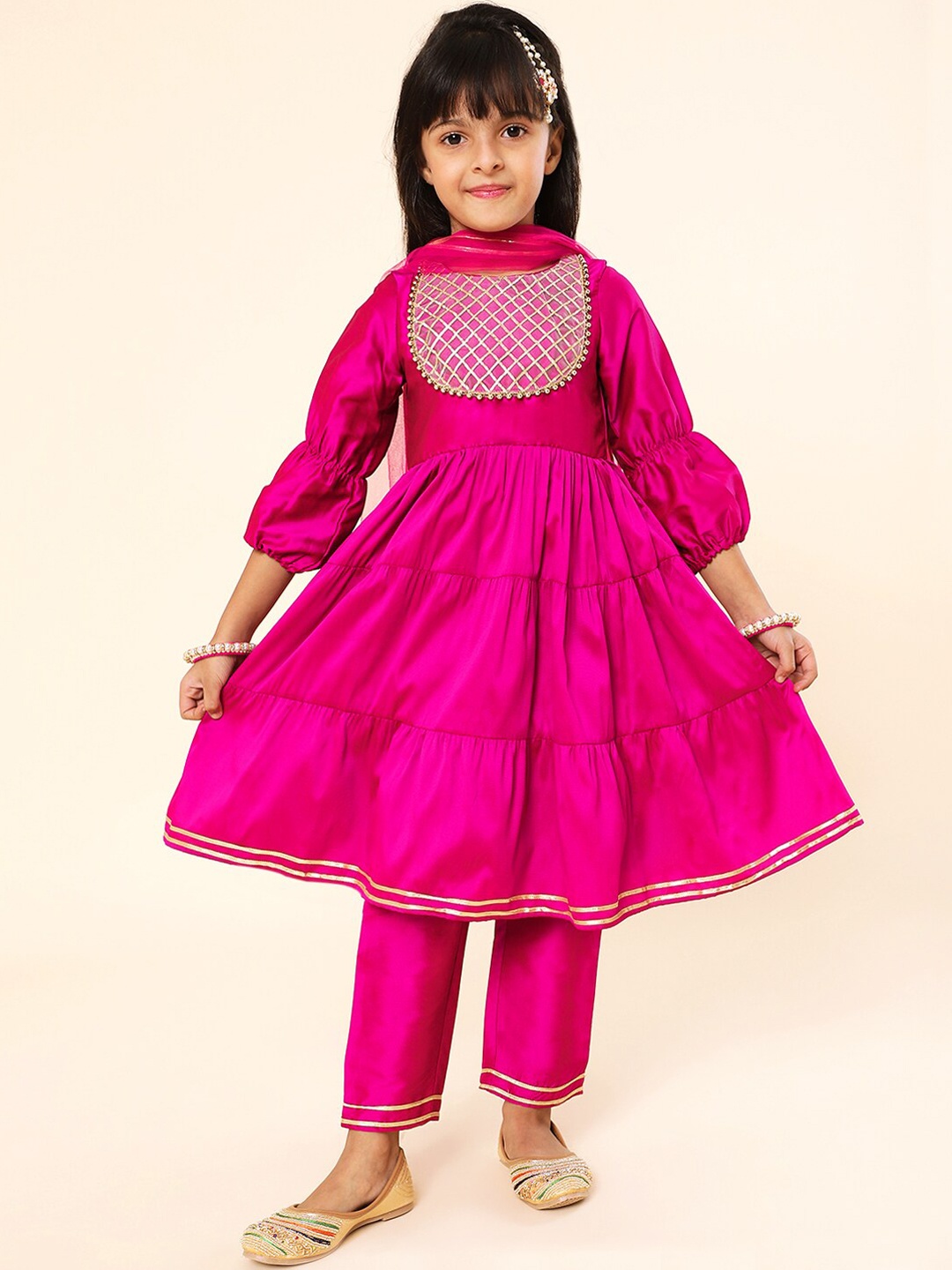 

A.T.U.N. Girls Yoke Design Tiered Thread Work Kurta with Trousers & Dupatta, Pink