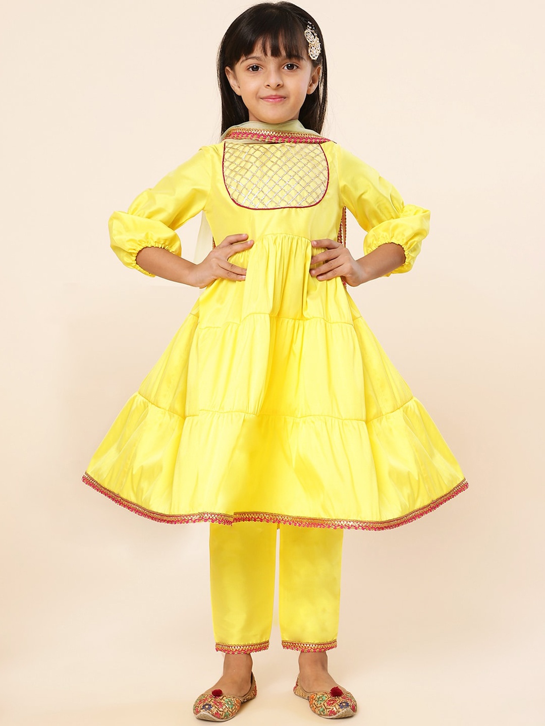 

A.T.U.N. Girls Yoke Design Tiered Thread Work Kurta with Trousers & Dupatta, Yellow