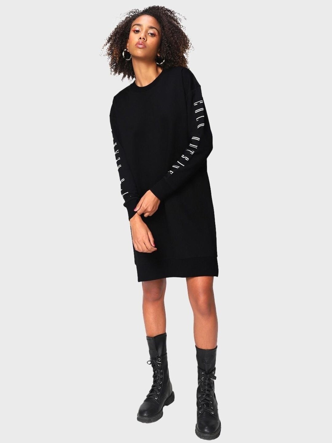 

Bewakoof Cotton Printed Oversized T-shirt Dress, Black