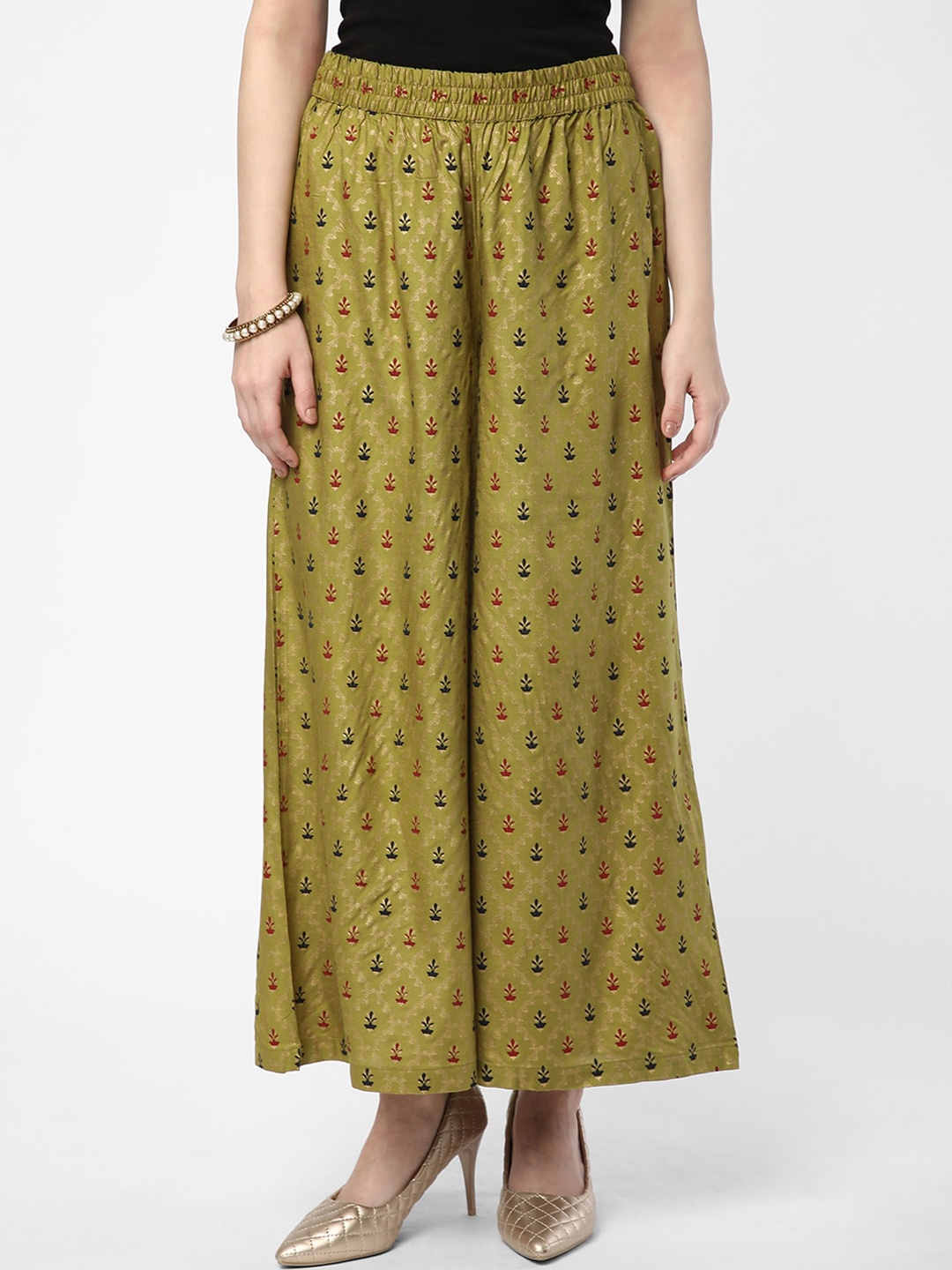 

R&B Women Ethnic Motifs Printed Flared Cropped Palazzos, Olive