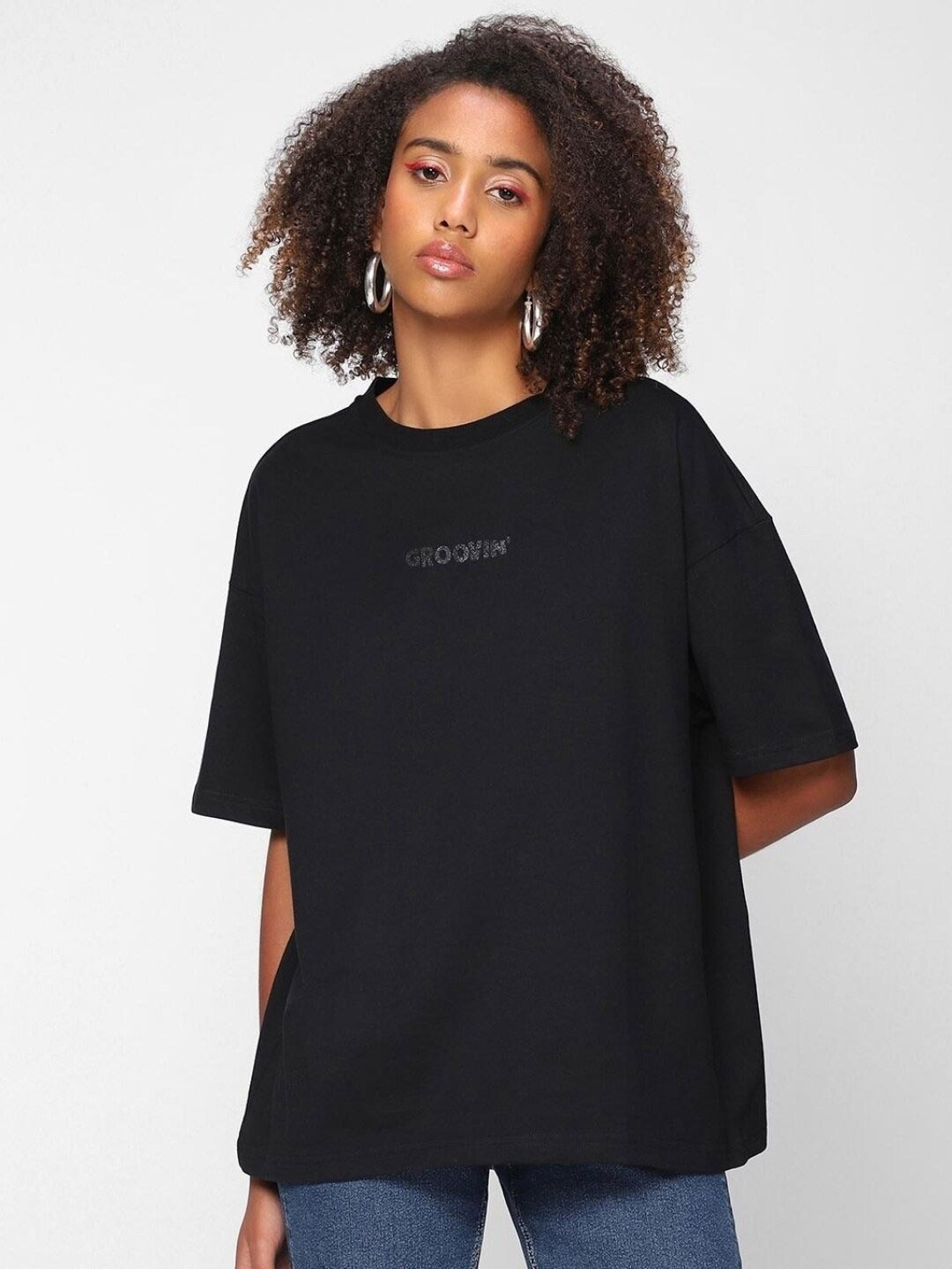 

Bewakoof Plus Women Typography Printed Drop-Shoulder Sleeves Loose Pure Cotton T-shirt, Black