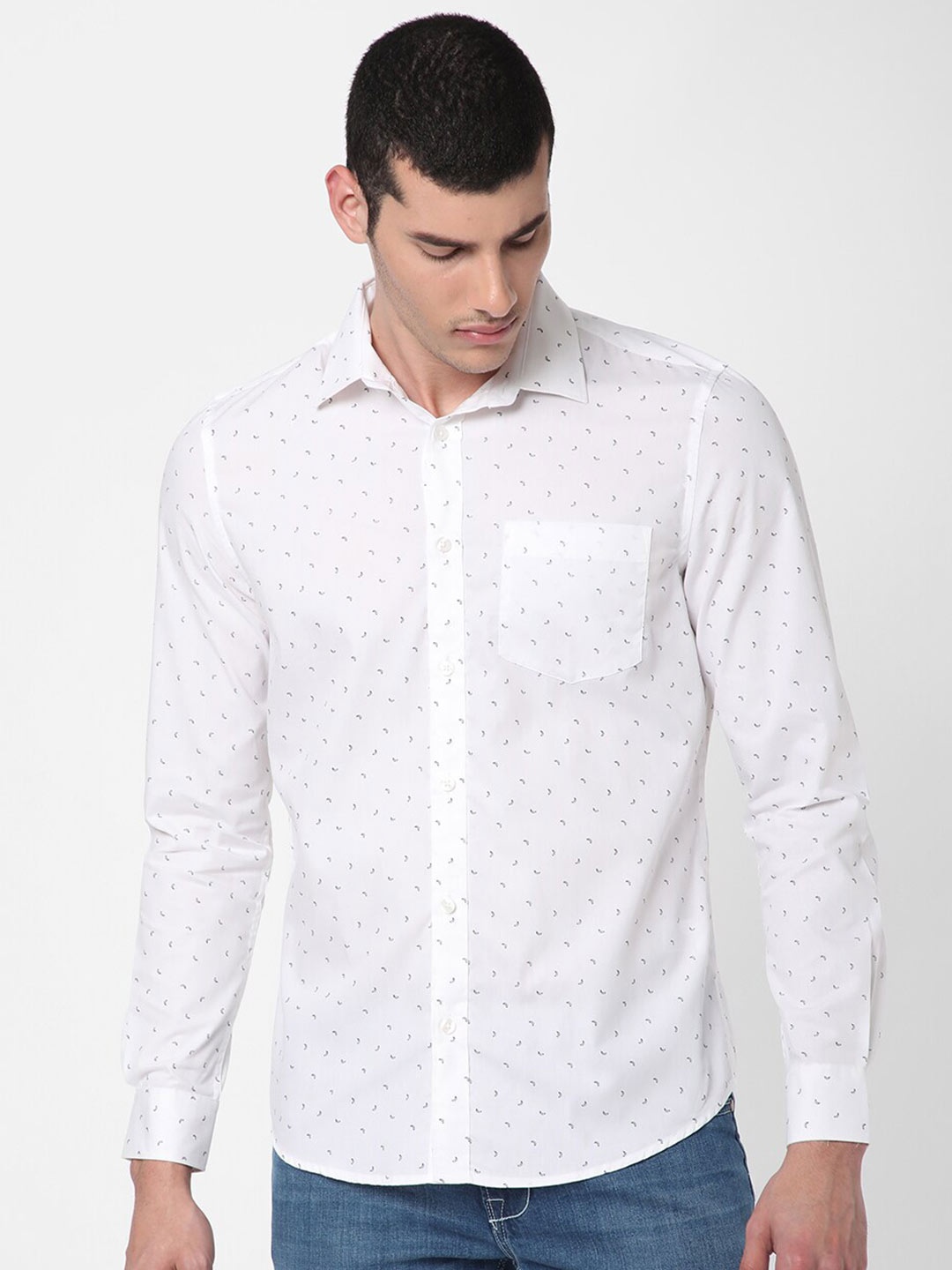 

R&B Men Printed Casual Cotton Shirt, White
