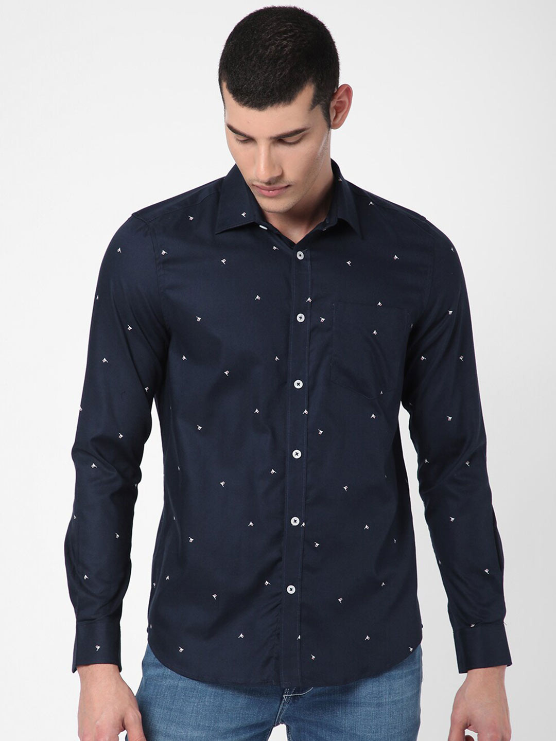 

R&B Men Printed Casual Cotton Shirt, Blue