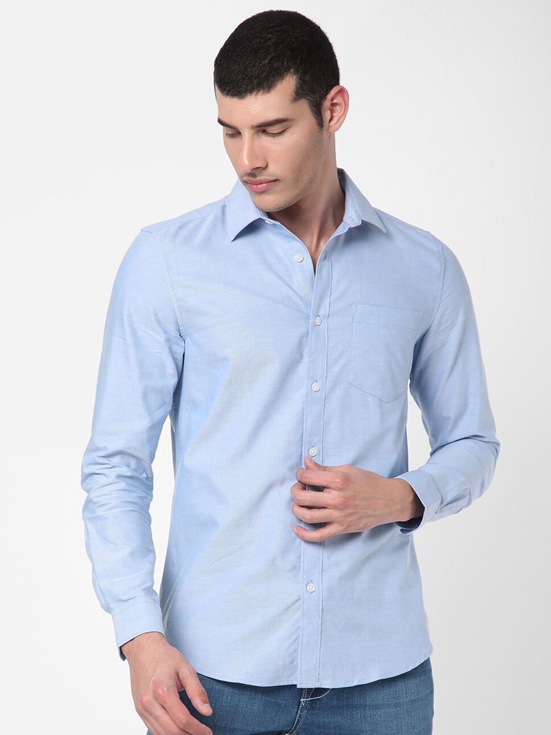 

R&B Spread Collar Casual Cotton Shirt, Blue