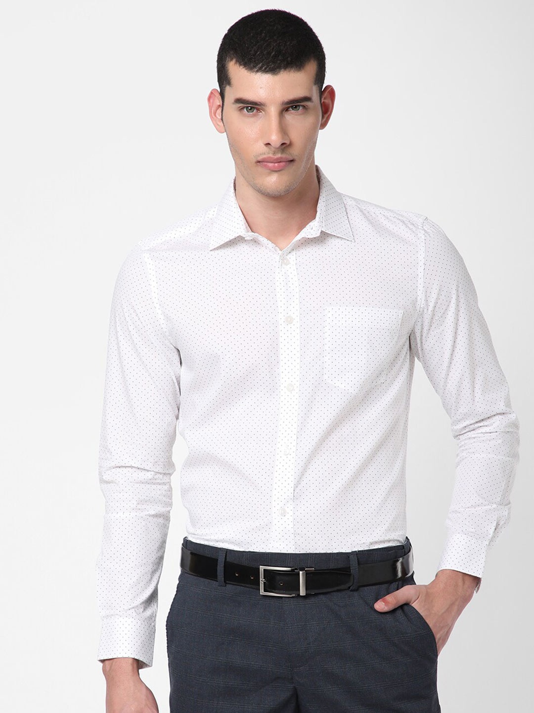 

R&B Men Printed Formal Cotton Shirt, White