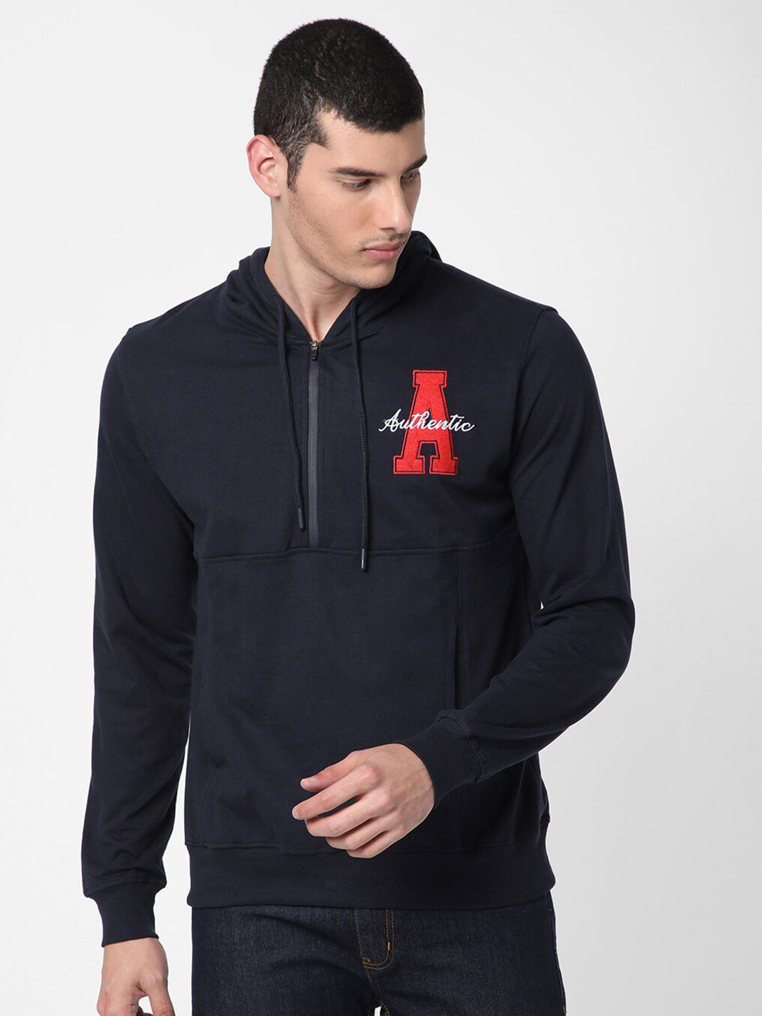 

R&B Men Cotton Hooded Sweatshirt, Blue