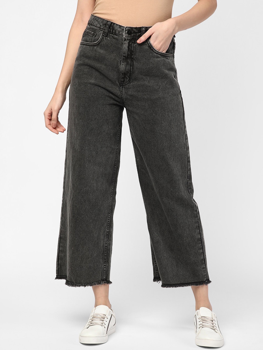 

R&B Women Wide Leg High-Rise Heavy Fade Cotton Jeans, Black