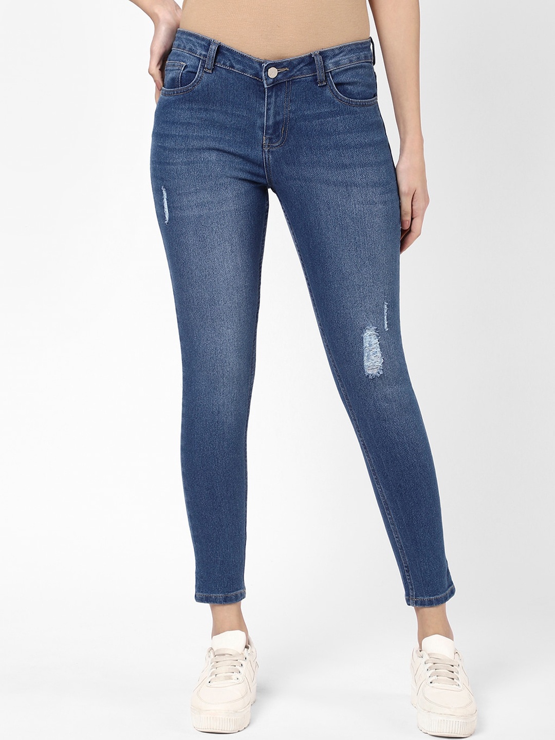 

R&B Women Low Distress Light Fade Cotton Jeans, Blue