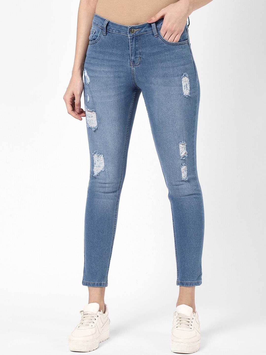 

R&B Women Mildly Distressed Light Fade Cotton Jeans, Blue