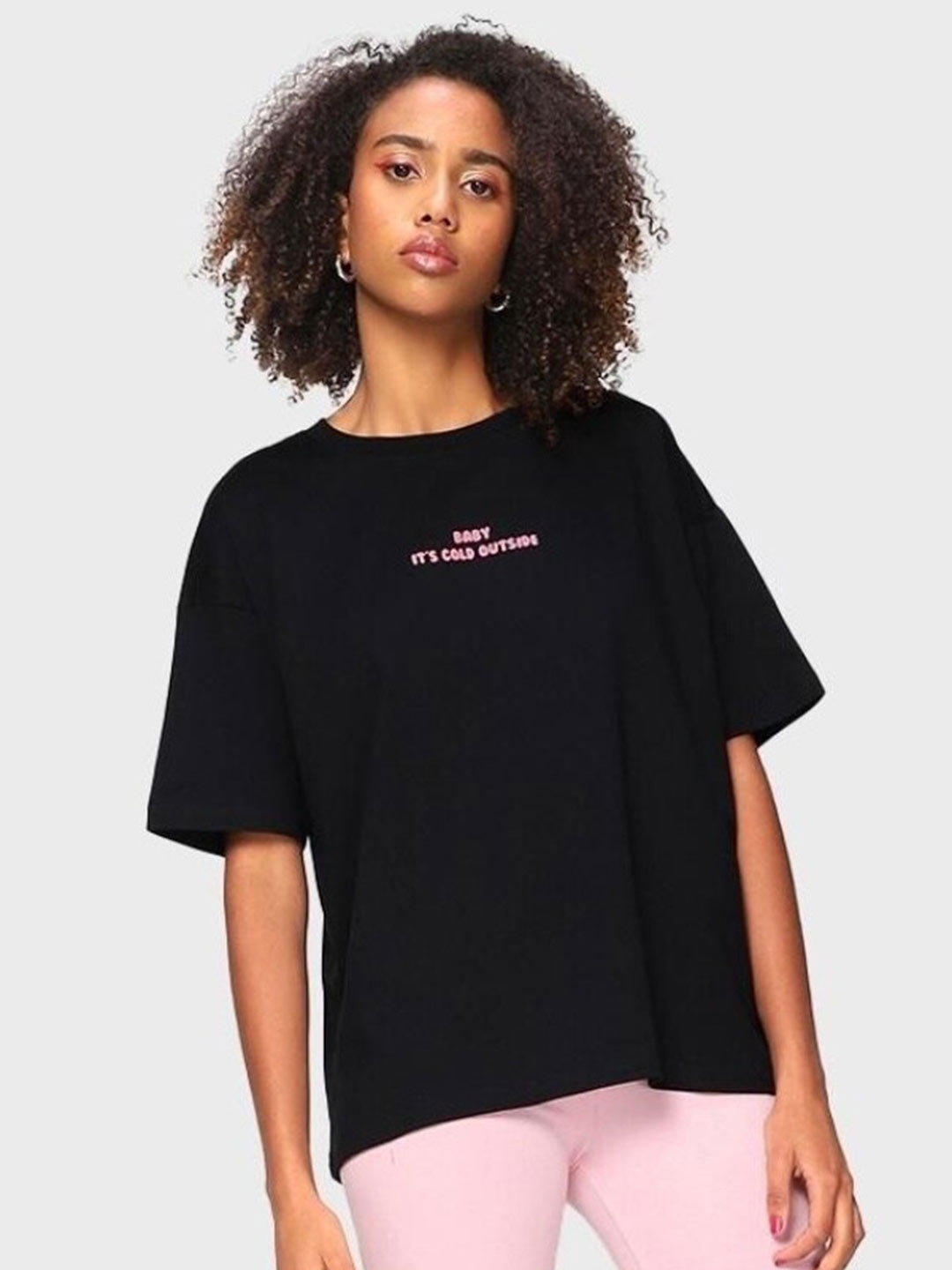 

Bewakoof Women Typography Printed Extended Sleeves Pure Cotton Loose T-shirt, Black