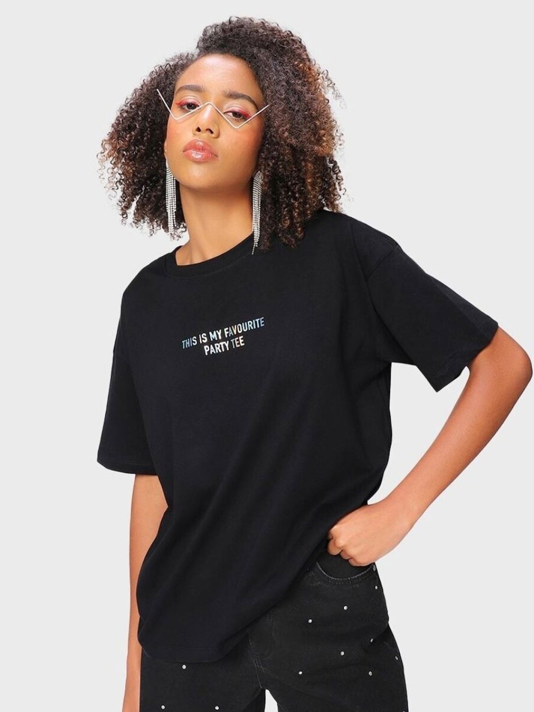 

Bewakoof Women Typography Pure Cotton Loose T-shirt, Black