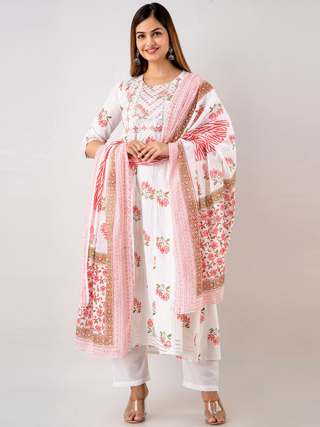 

OMASK Women Floral Embroidered Thread Work Pure Cotton Kurta with Trousers & With Dupatta, White