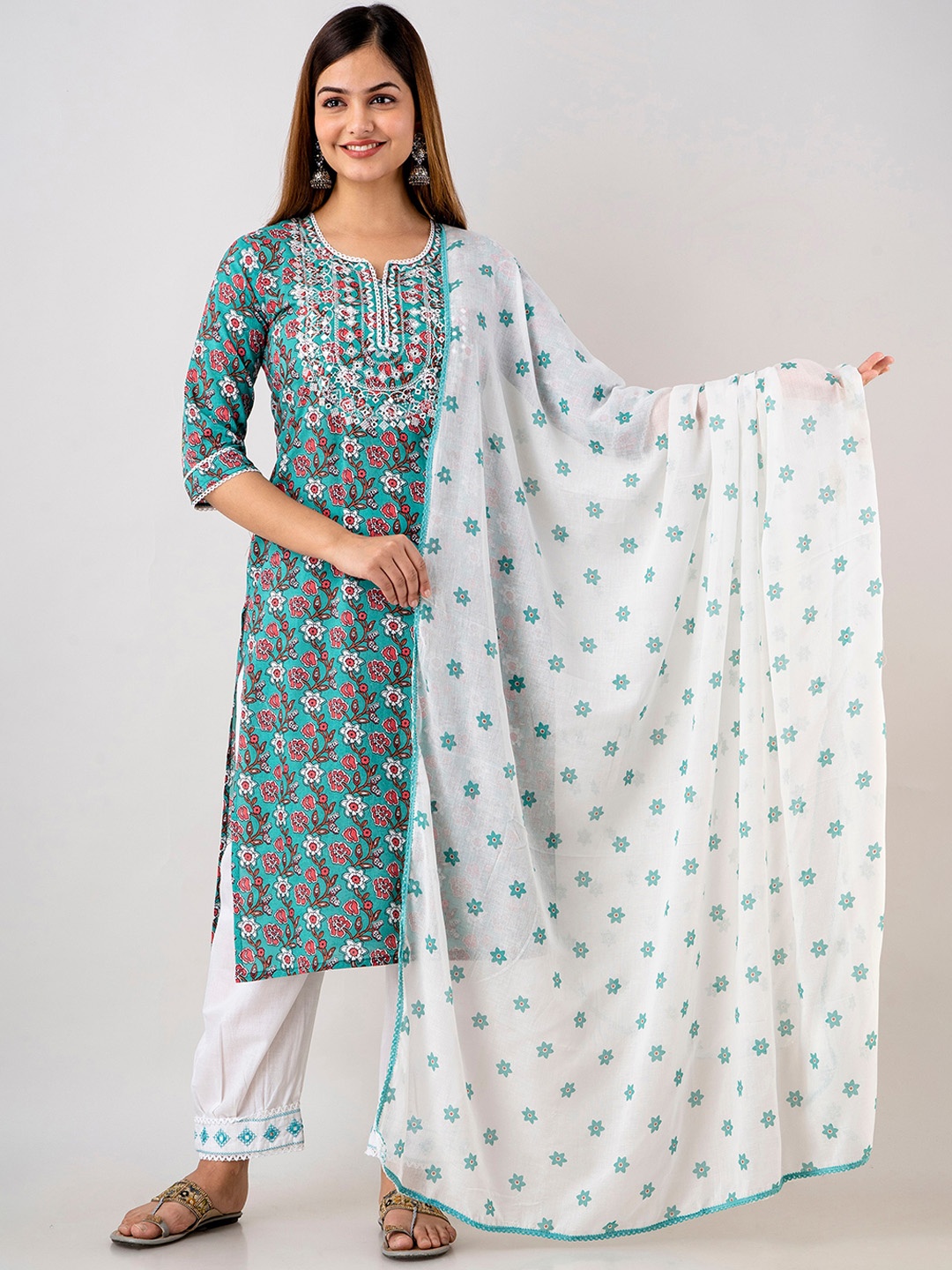 

OMASK Women Floral Embroidered Mirror Work Pure Cotton Kurta with Trousers & With Dupatta, Green
