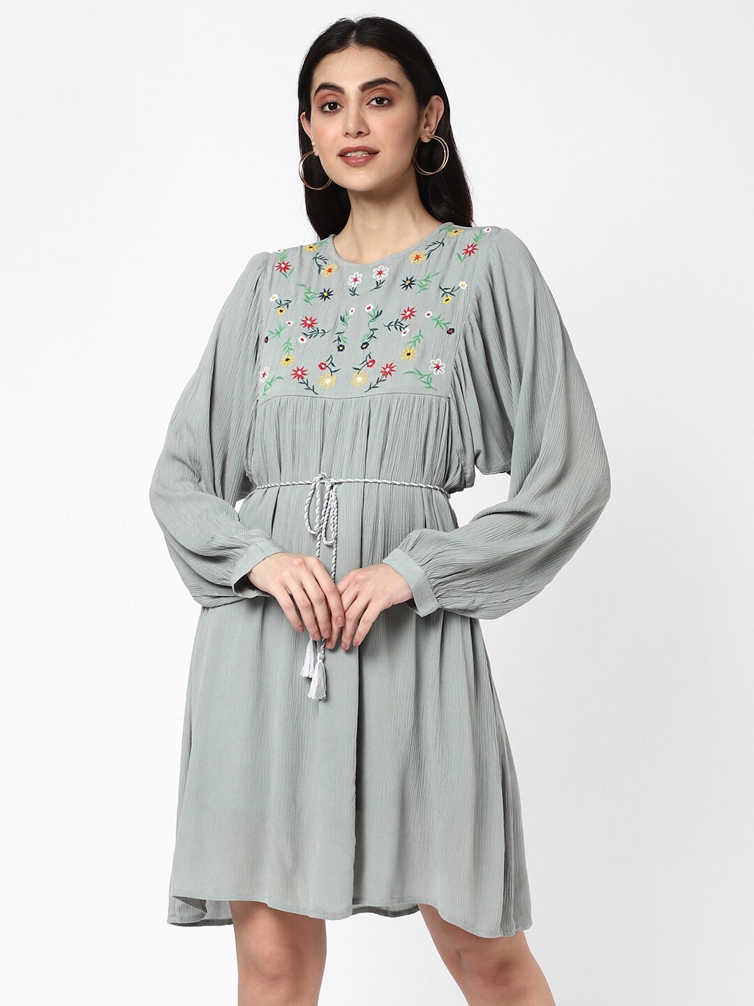

R&B Floral Embroidered Net Dress, Green
