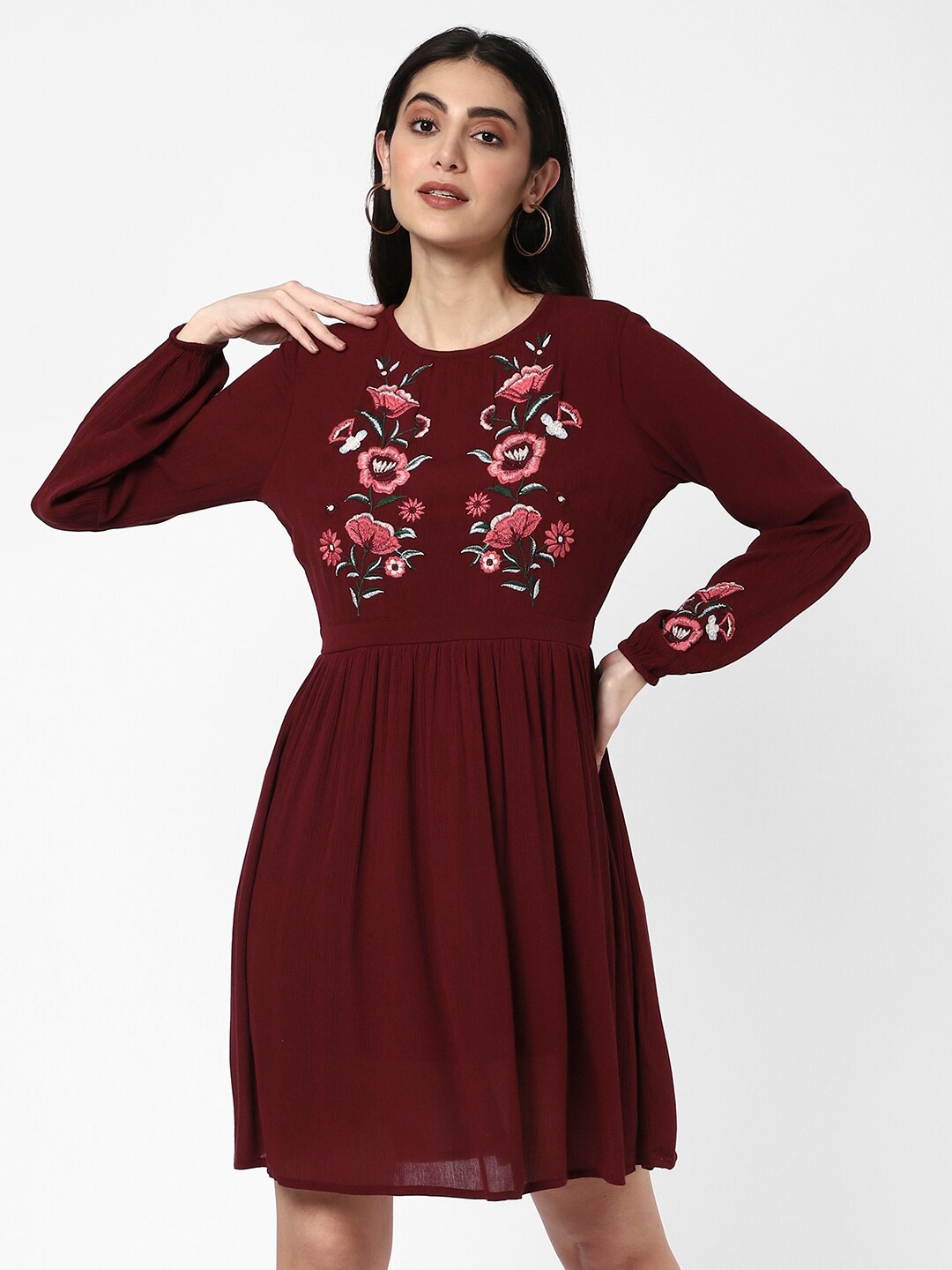 

R&B Floral Embroidered Net Dress, Burgundy