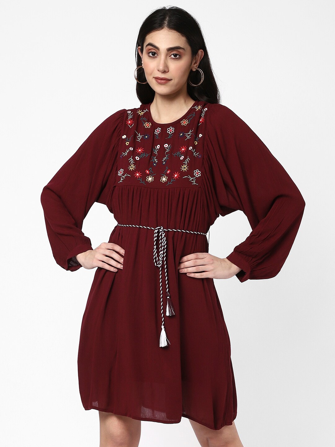 

R&B Floral Embroidered Net A-Line Dress, Burgundy