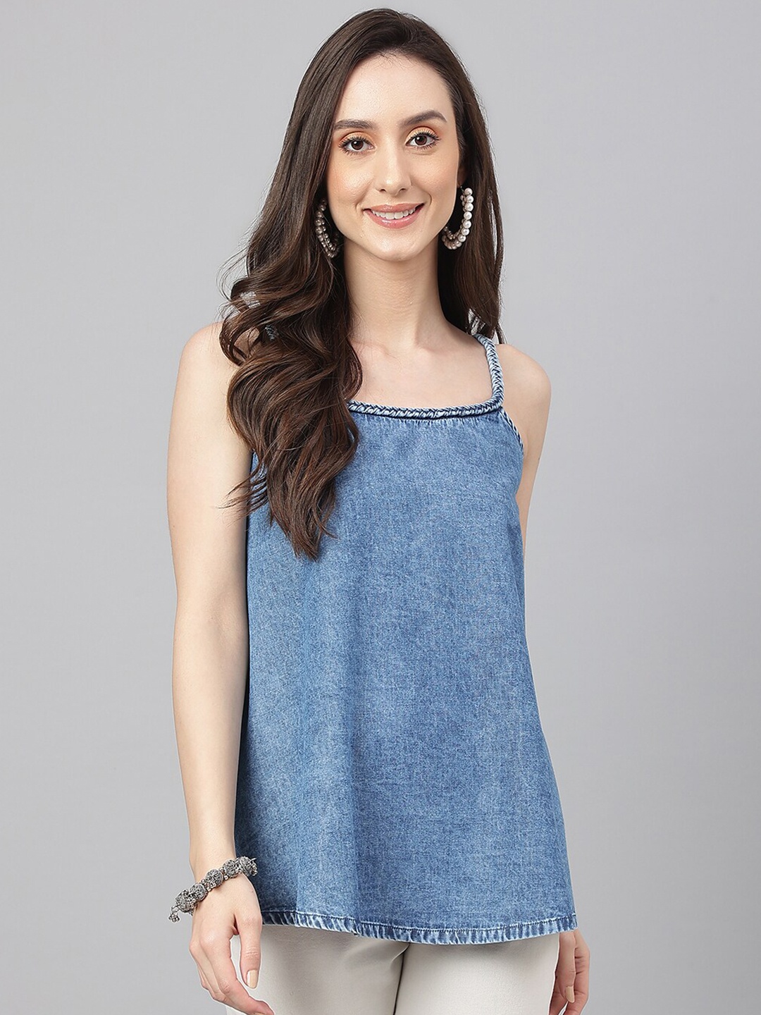 

Janasya Women Denim Solid Regular Top, Blue