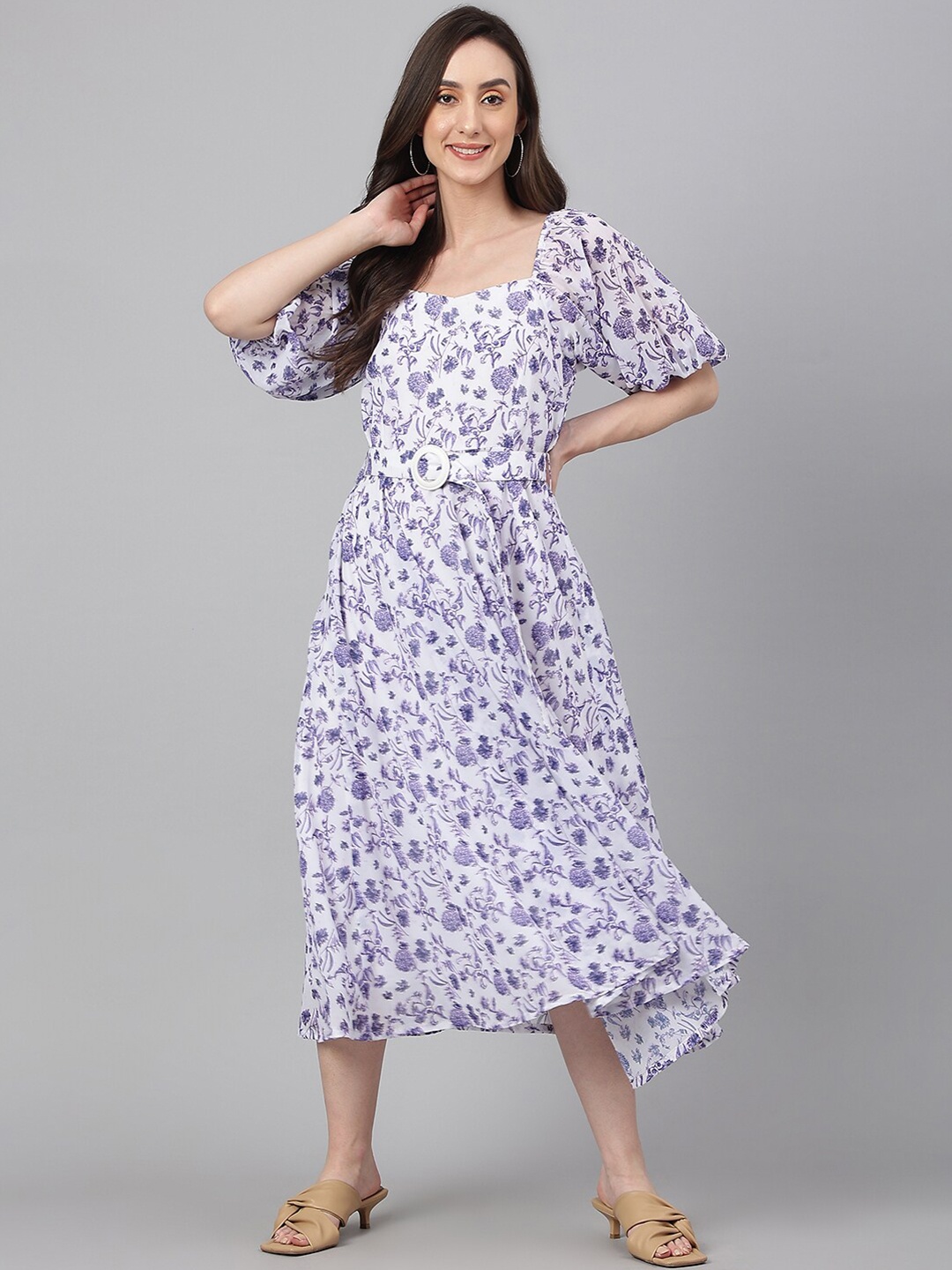 

Janasya Women Georgette Floral Print Flared Western Dress, White