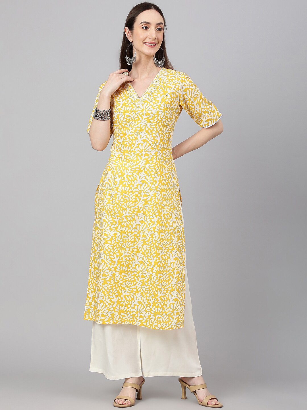 

Janasya Women Floral Printed A-Line Midi Dress, Yellow