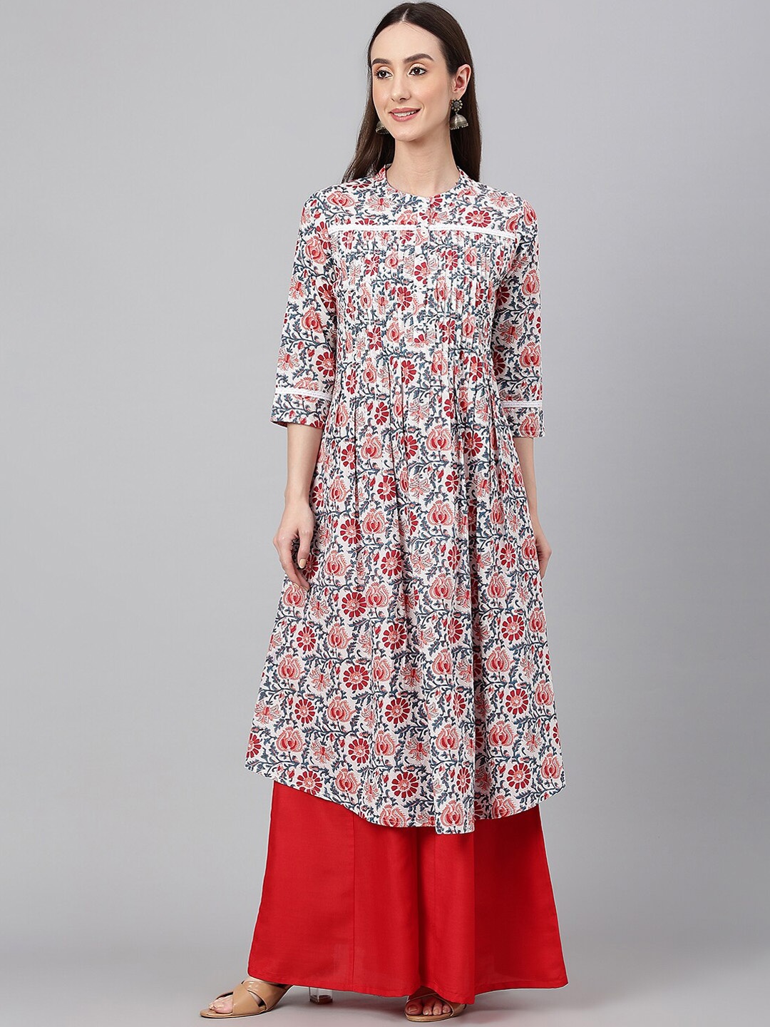 

Janasya Cotton Floral Print Flared Kurta, White