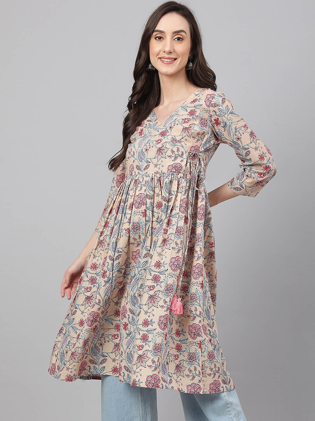 

Janasya Cotton Floral Print Angrakha Kurta, Beige