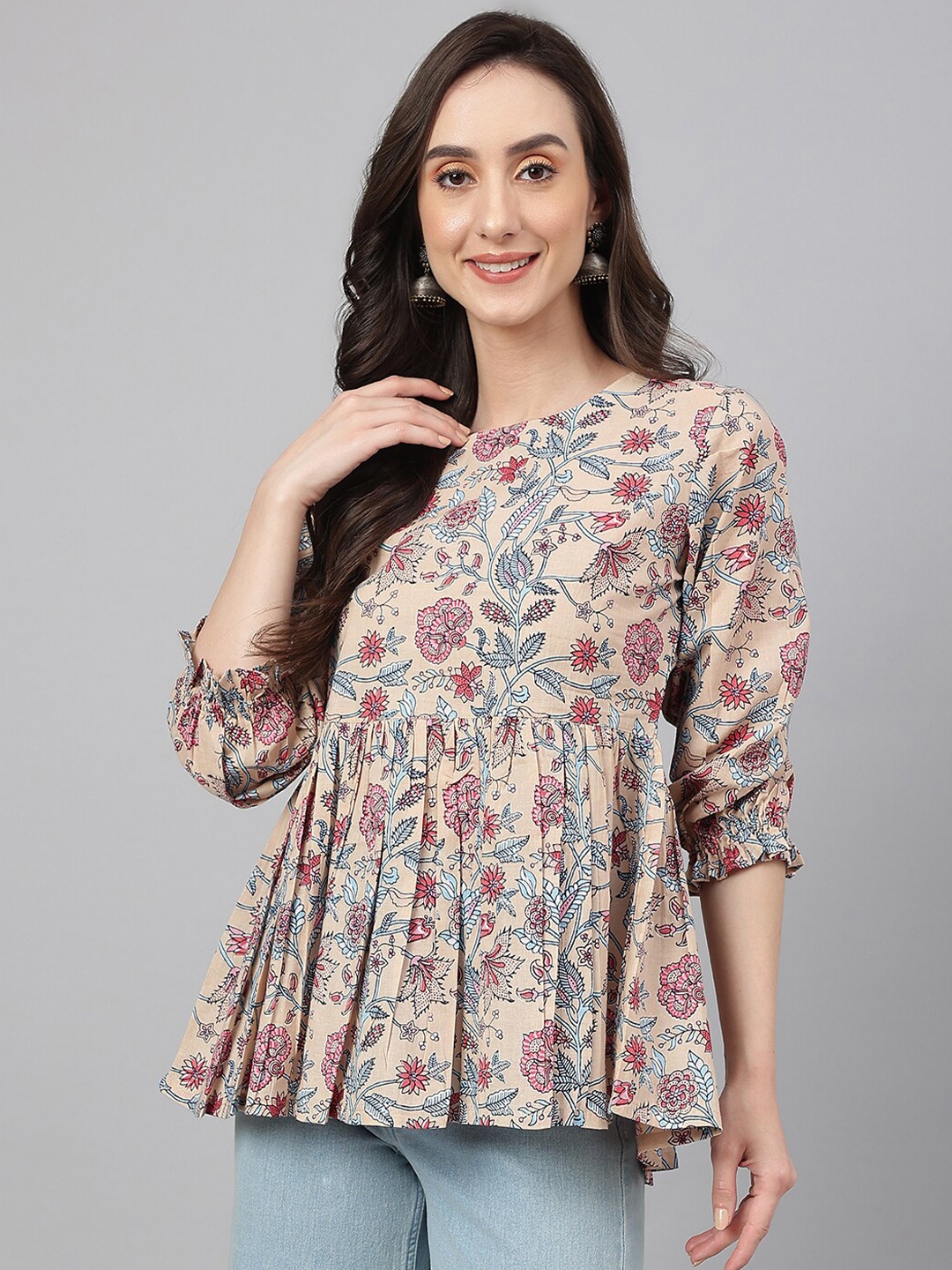 

Janasya Women's Beige Cotton Floral Print Peplum Top