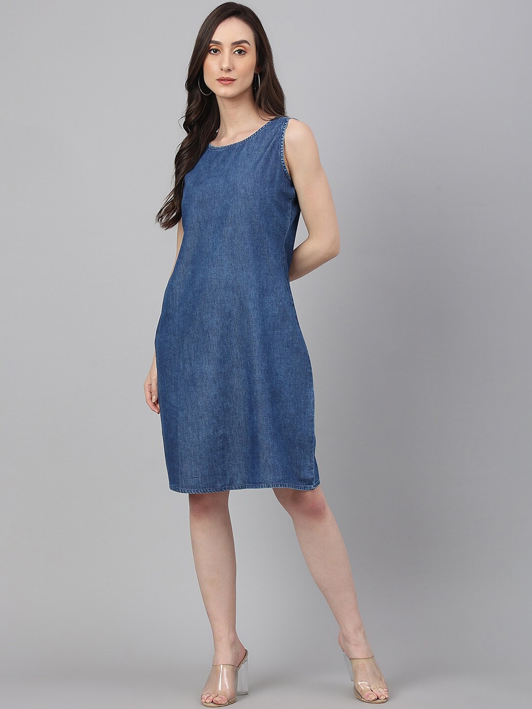

Janasya Women's Blue Denim Solid Straight Western Dress