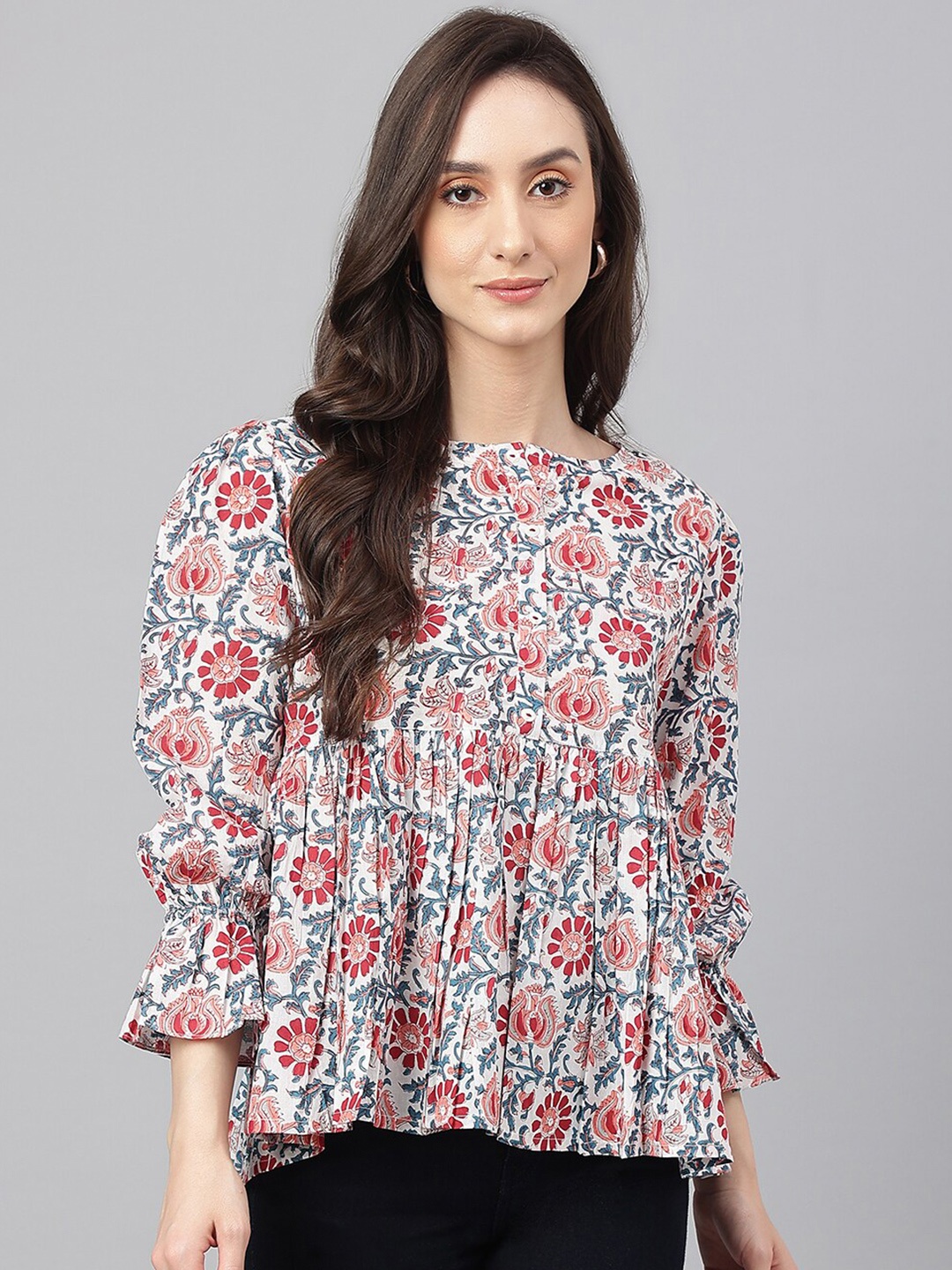 

Janasya Women Cotton Floral Print Flared Top, White