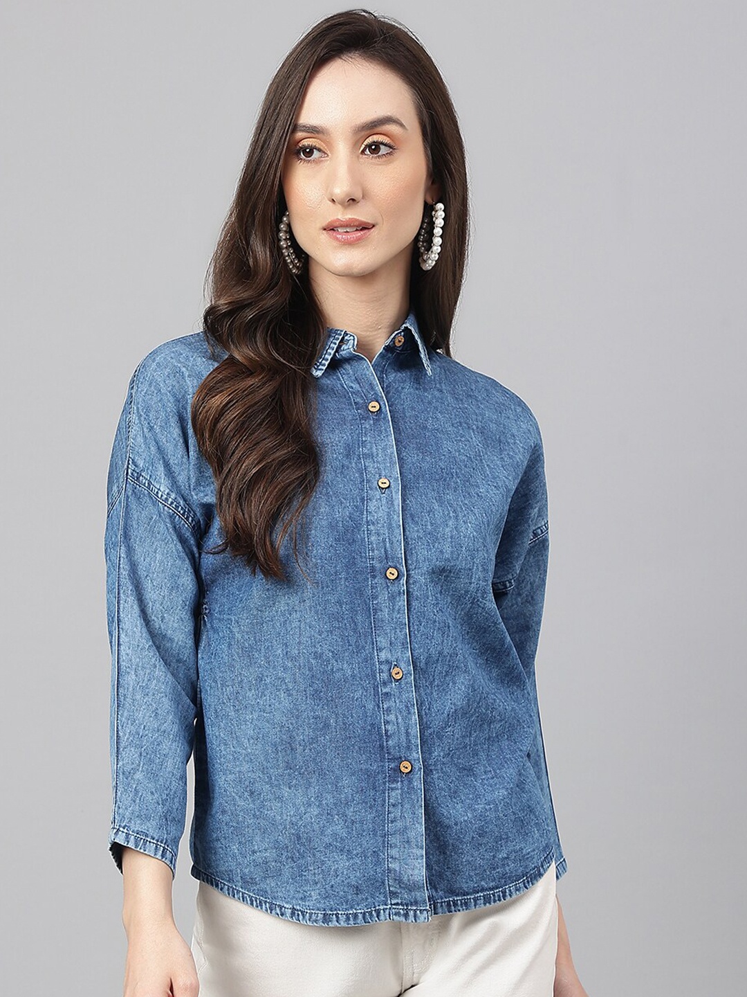 

Janasya Women Denim Solid Shirt Style Top, Blue