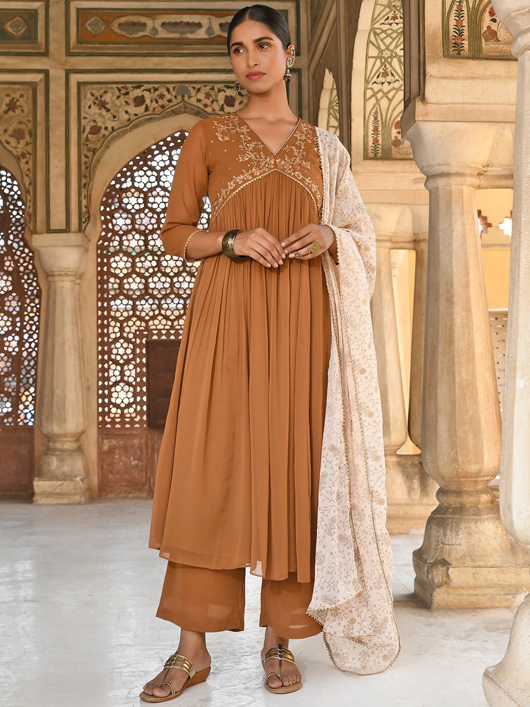 

Janasya Women Georgette Floral Embroidered Kurta with Palazzo & Dupatta, Brown