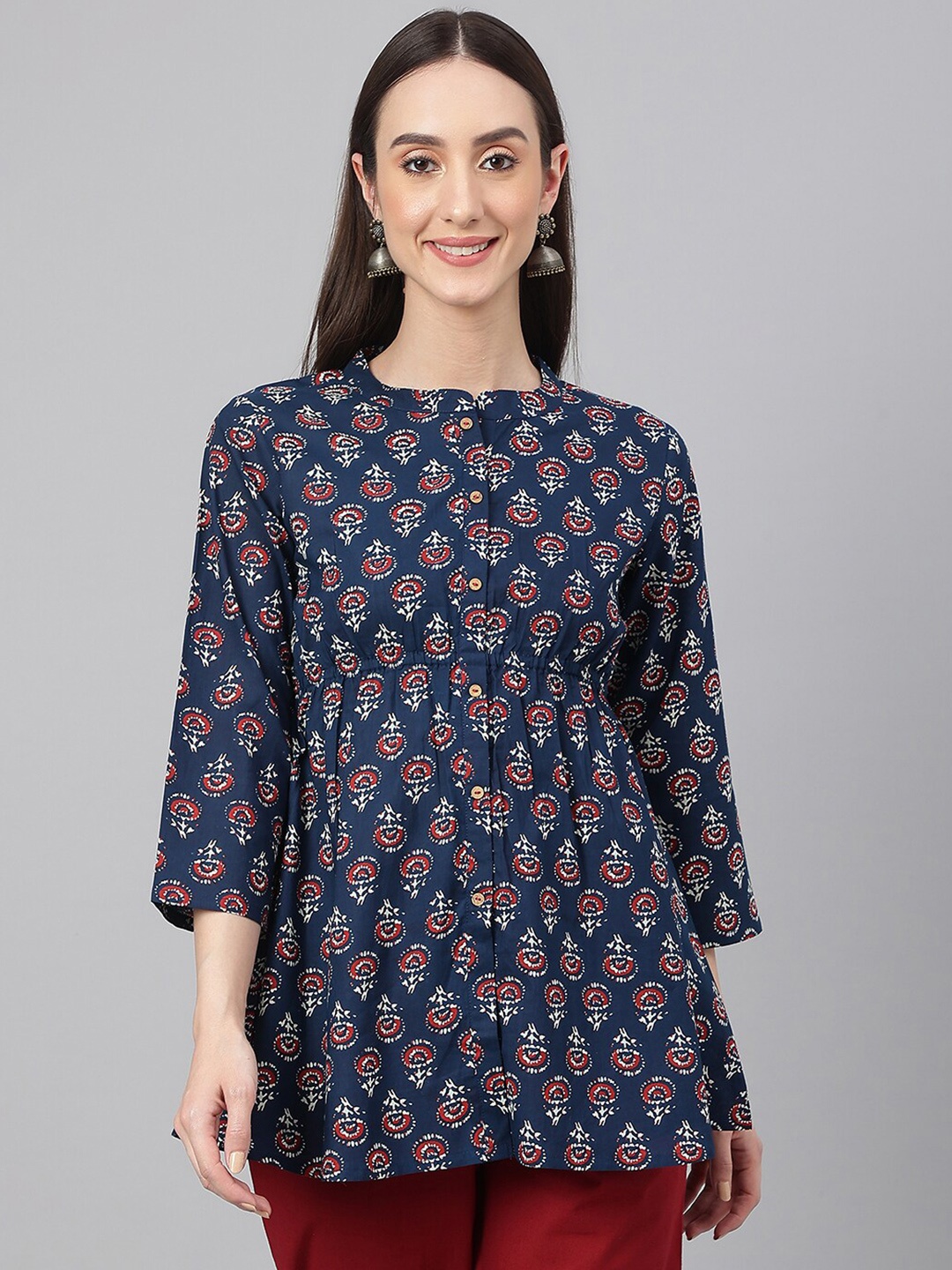 

Janasya Women Navy Blue Cotton Floral Print Peplum Top