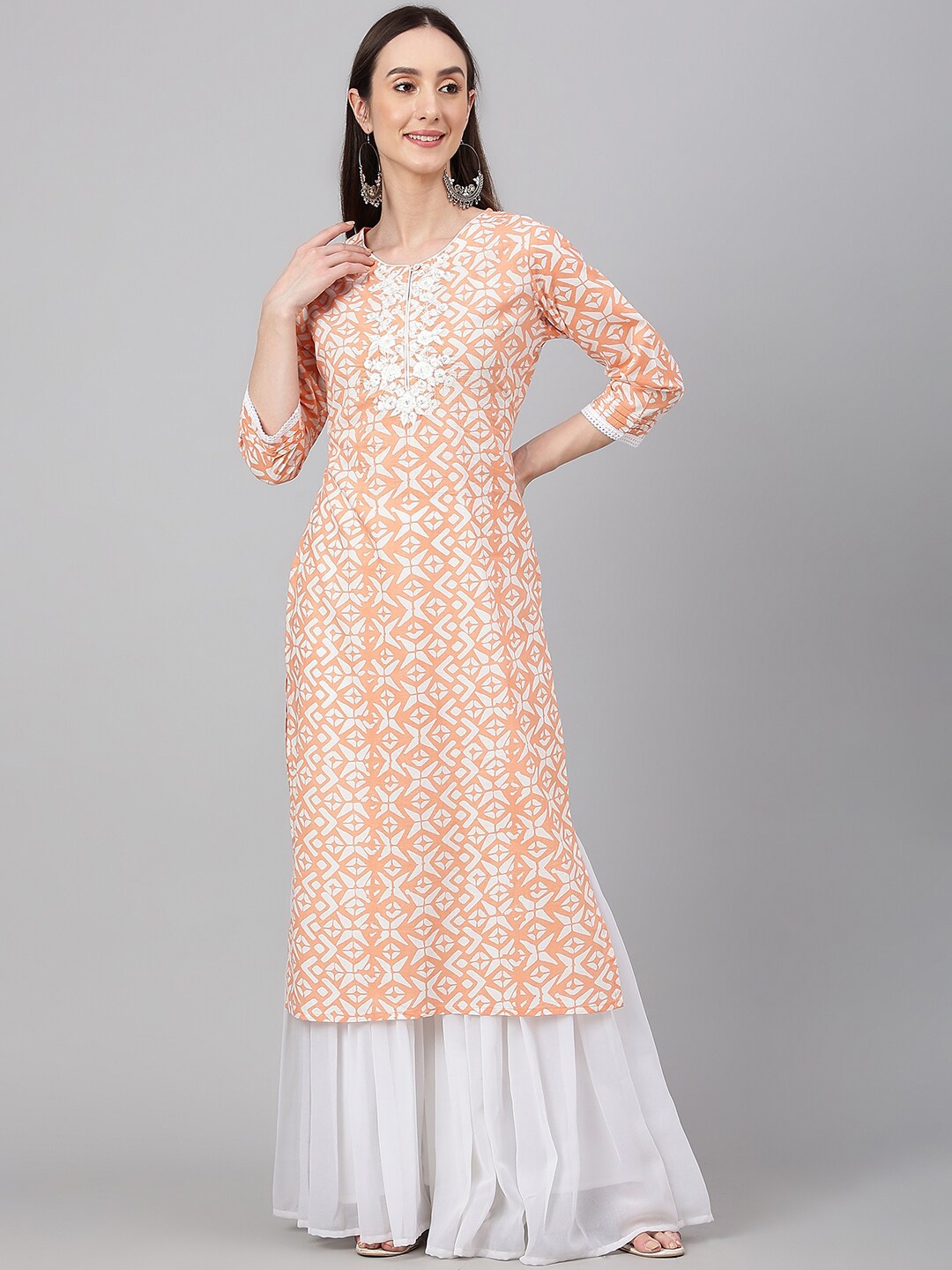 

Janasya Embroidered Straight Fit Cotton Kurta, Peach