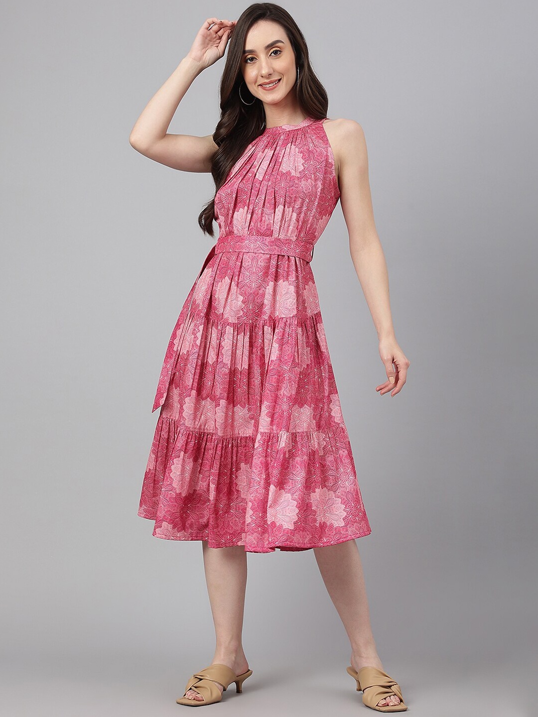 

Janasya Women Crepe Digital Printed Tiered Western Dress, Pink