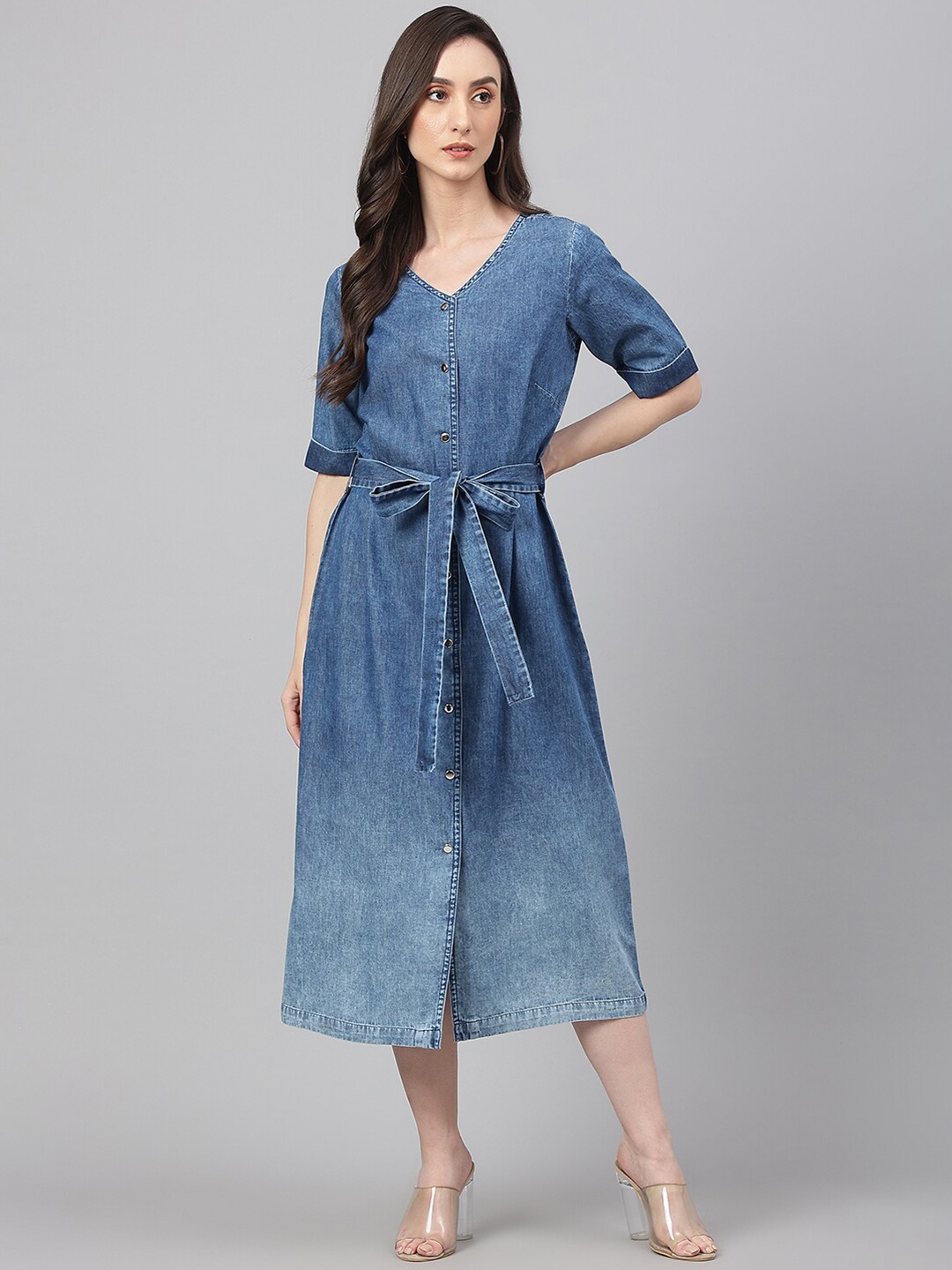 

Janasya Women Denim Solid Straight Western Dress, Blue