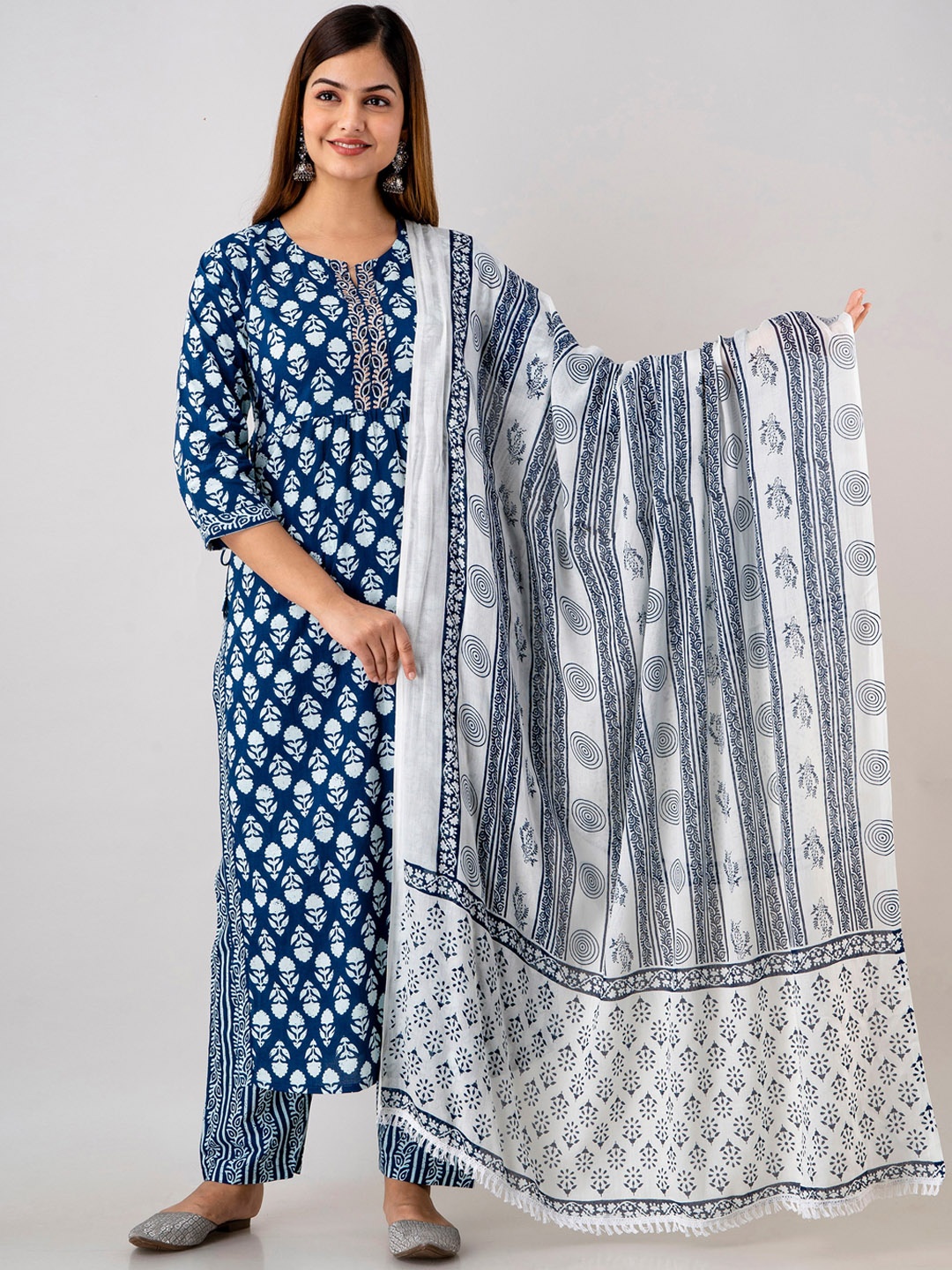 

KALINI Women Ethnic Motifs Printed Pure Cotton Kurta with Trousers & Dupatta, Blue