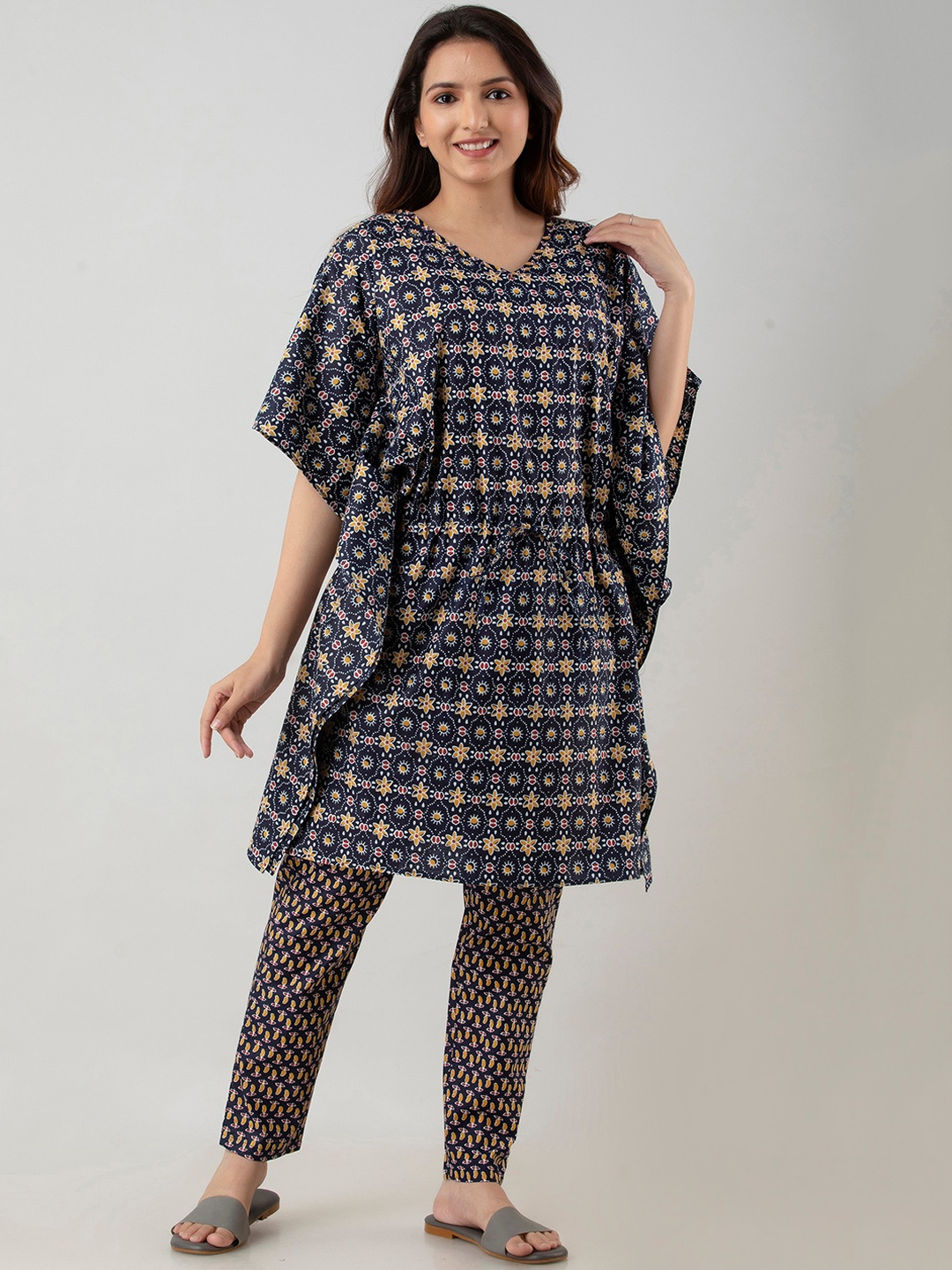 

KALINI Floral Printed Pure Cotton Kurta with Trousers, Navy blue