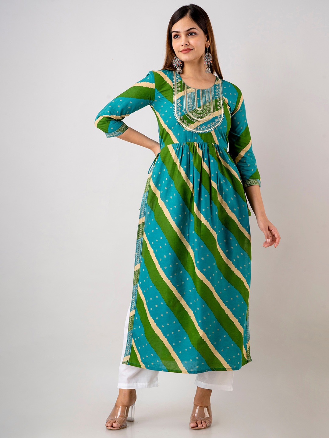 

KALINI Leheriya Printed Sequinned Kurta with Trousers, Green